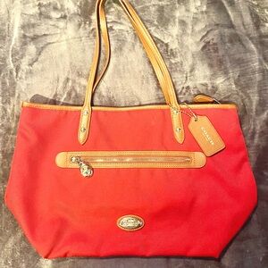 Coach Tote - Red Canvas, Gold-Tone Hardware